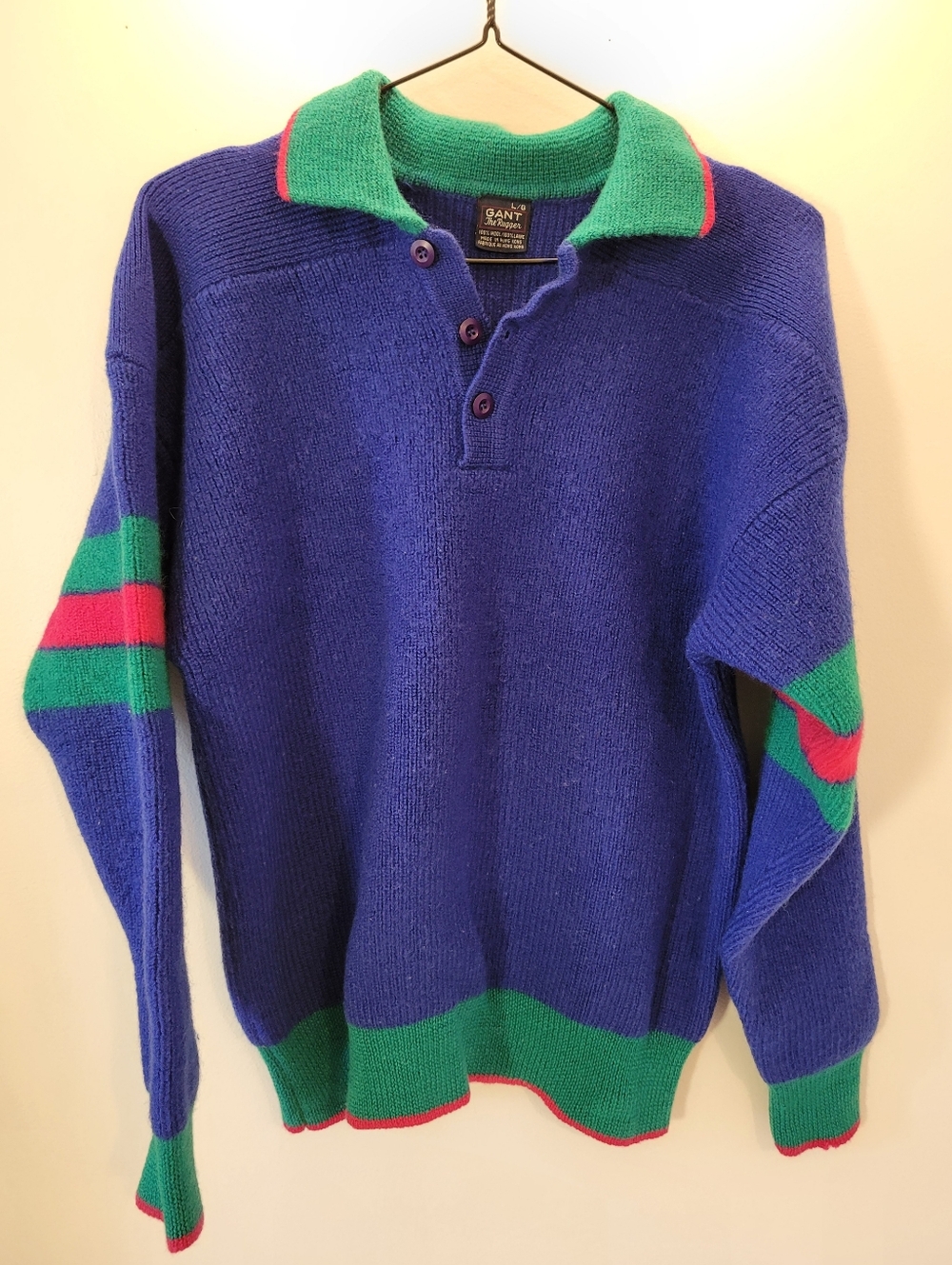 Gant The Rugger Vintage 100% Wool Neon Reverse Collar Pullover Sweater - L